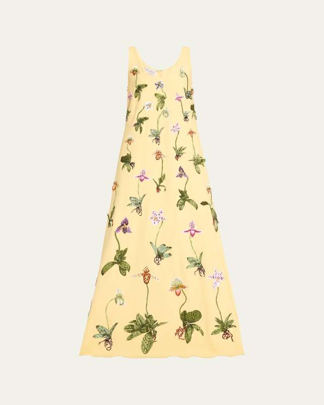 Long Orchid Threadwork Wool Gown